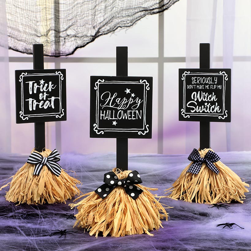 Halloween Witch's Broom Tabletop Rectangular Sign With Message And Bow