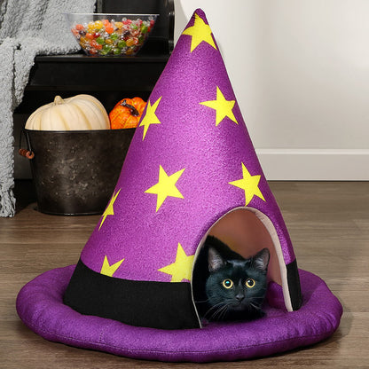 Halloween Witch Hat Shape Pet Cat Bed Cozy Warm House Non Slip Bottom