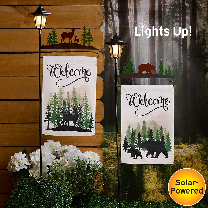 Welcome Flag Lodge Themed With Pole And Lighted Lantern Bear Or Deer