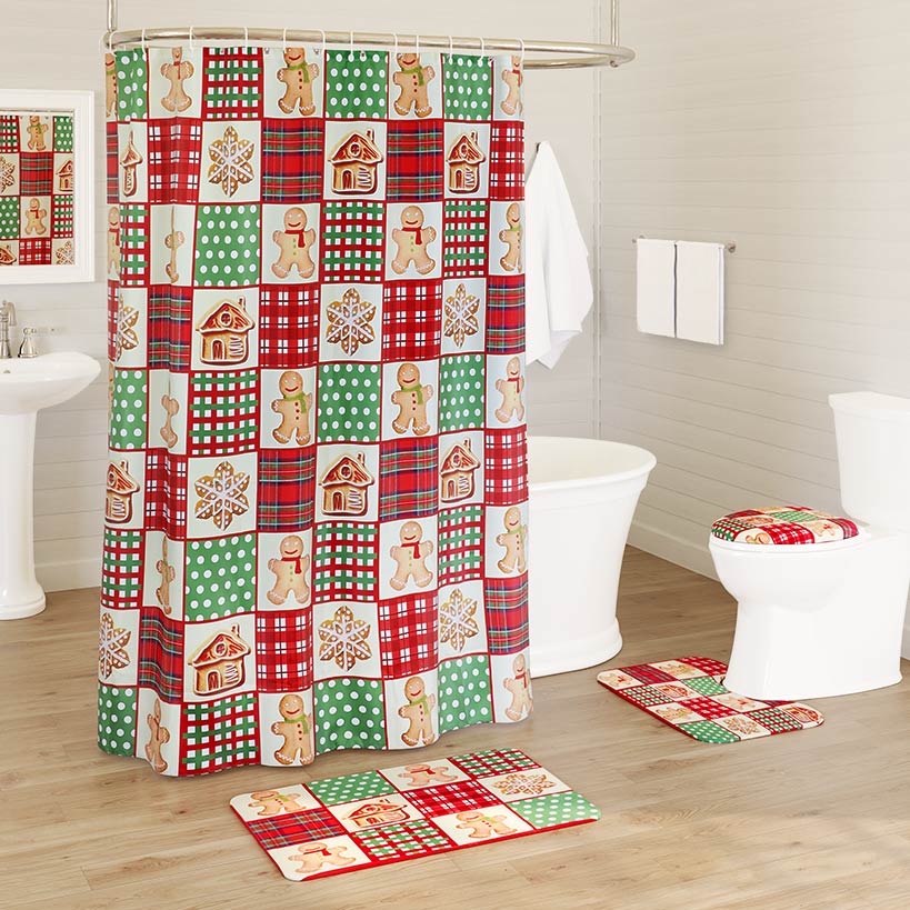 Memory Foam Bath Rugs and Shower Curtain Complete 16-Pc Set Gingerbread