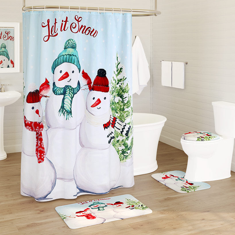 Memory Foam Bath Rugs & Shower Curtain Complete 16-Pc Set Snow Family