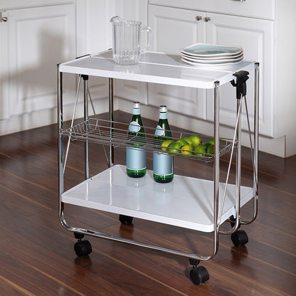 Folding Kitchen Cart with Metal Basket