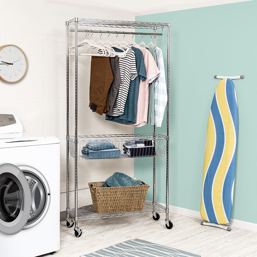 Rolling Laundry Station with Hanging Bar