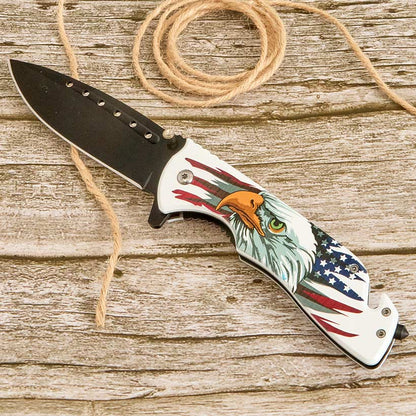 USA Eagle Rescue Liner Lock Folding Knife Pocket Clip Glass Breaker