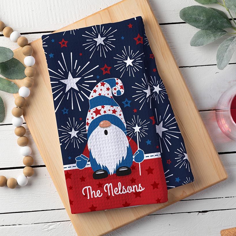 Personalized Patriotic Gnome with Fireworks Waffle Tea Towel