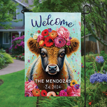Personalized Floral Highland Cow Welcome Garden Flag