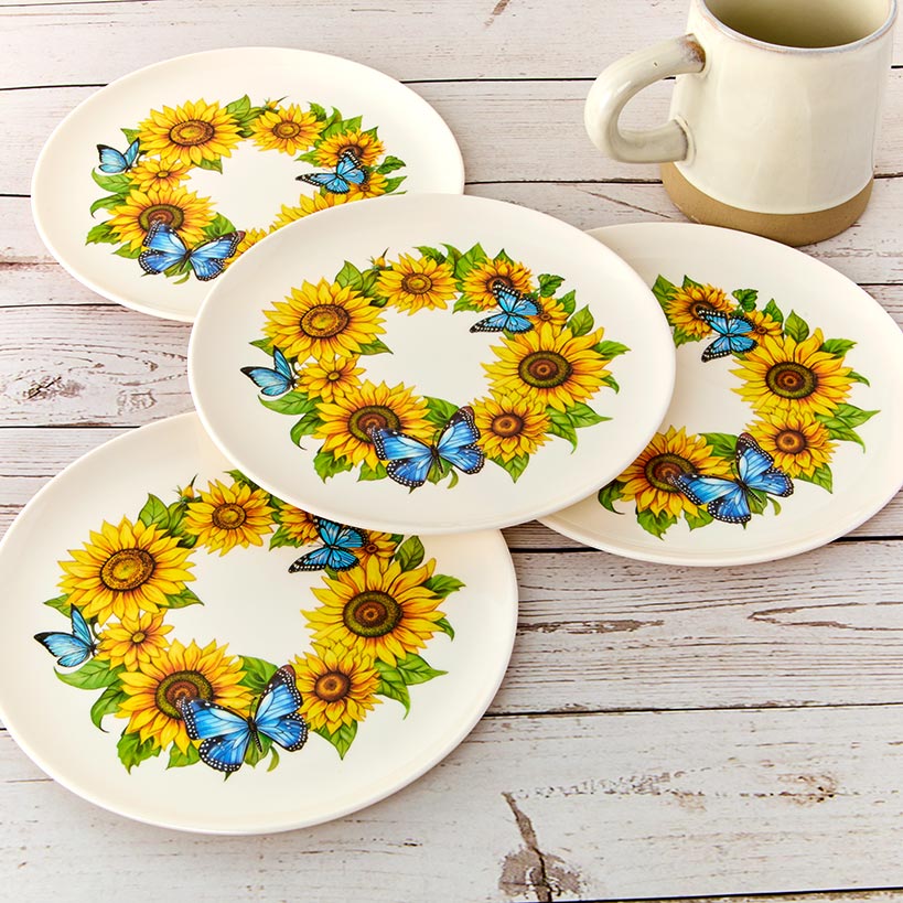 Sunflower and Butterfly 8" Melamine Plates - Set of 4