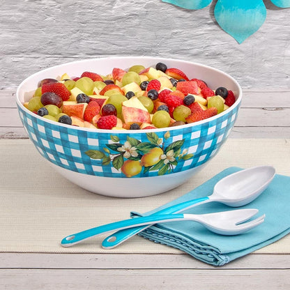 Citrus Chic Blue Plaid and Lemon Print Melamine Salad Bowl with Utensils