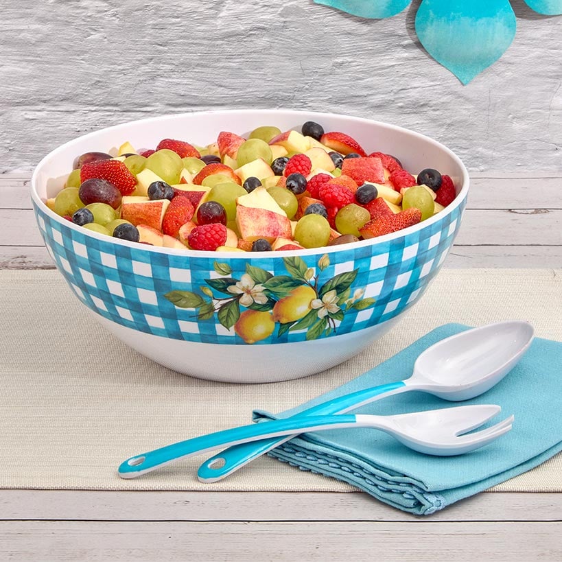 Citrus Chic Blue Plaid and Lemon Print Melamine Salad Bowl with Utensils