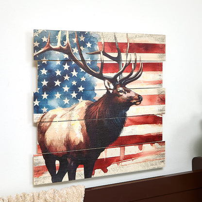 Rustic Plank Wall Art – Buck with American Flag Decor