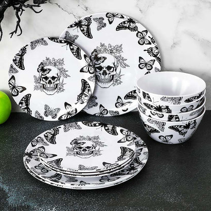 Gothic Elegance Halloween Butterfly and Skull Dinnerware Set
