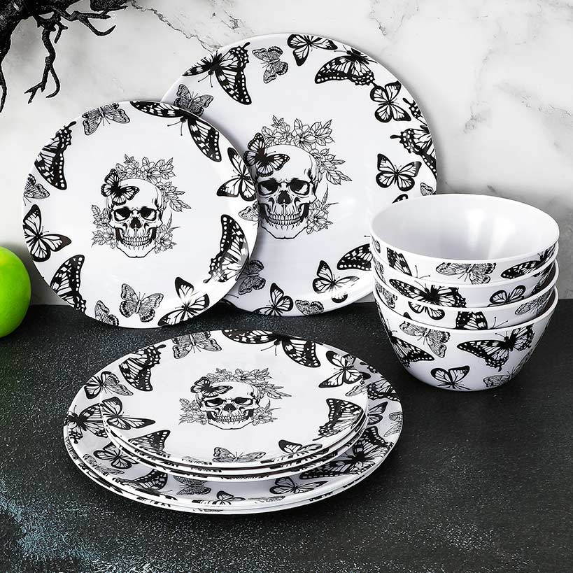 Gothic Elegance Halloween Butterfly and Skull Dinnerware Set