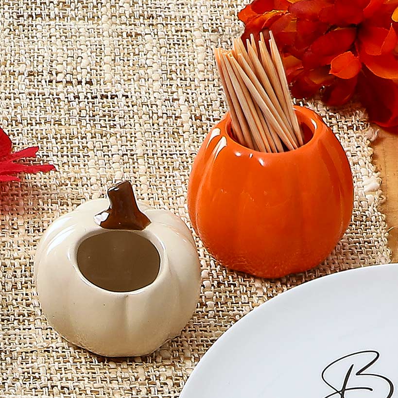 Fall Orange and White Pumpkin Toothpick Holders - Set of 2