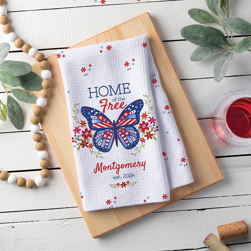 Personalized Home of the Free Patriotic Butterfly Tea Towel