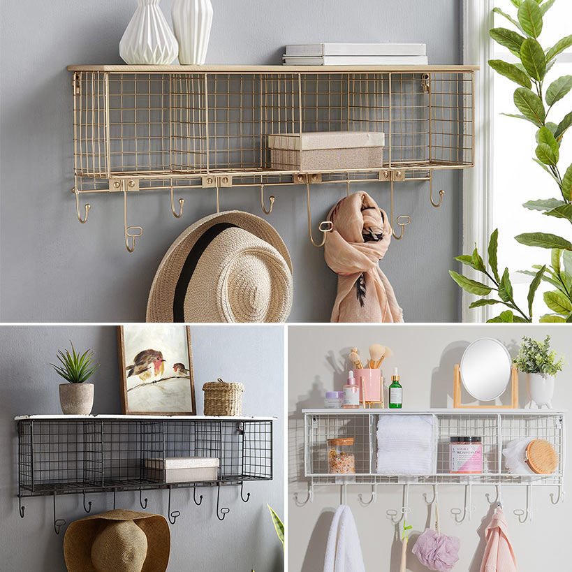 Four Cubby Wall Shelf with Hooks