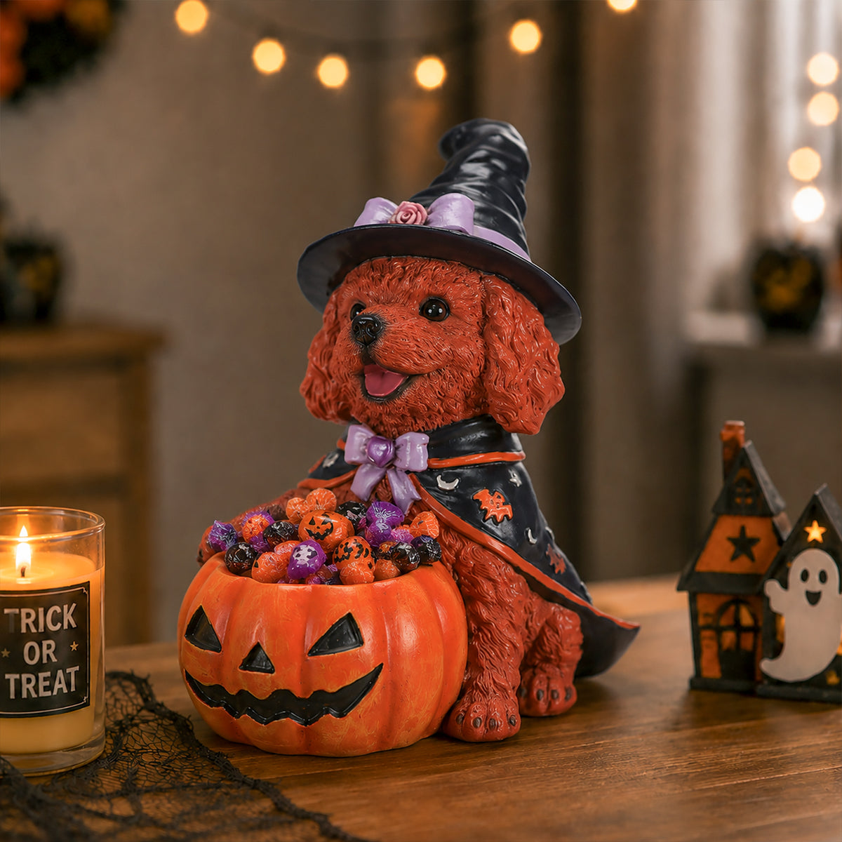 Halloween Brown Teddy Dog Witch Figurine, Cute Puppy Holding Pumpkin Candy Bowl Decoration - image 2