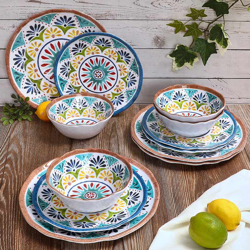 Italian Tuscan Colorful Melamine Dinnerware Set Service for 4
