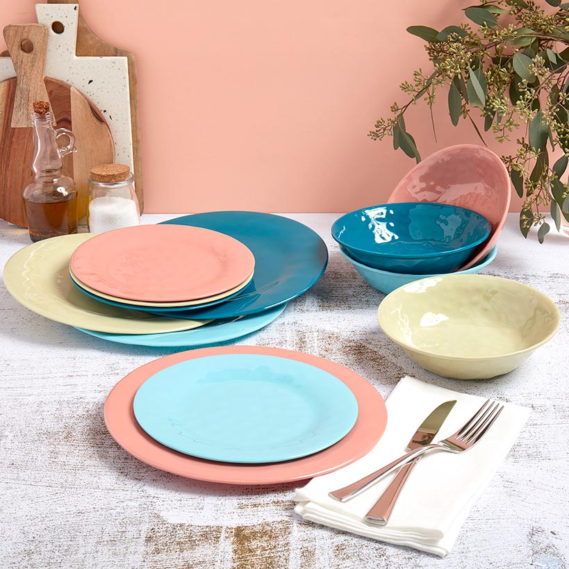 Melamine Dinnerware Service for 4 Set Vibrant Colors 12pc Set