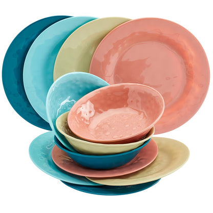 Melamine Dinnerware Service for 4 Set Vibrant Colors 12pc Set
