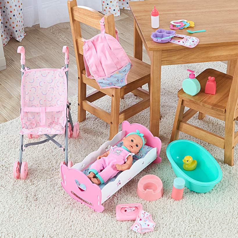 Kids' 12" Baby Doll Play Set - Movable Doll with Stroller and Bathtub