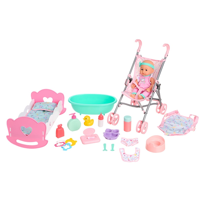 Kids' 12" Baby Doll Play Set - Movable Doll with Stroller and Bathtub