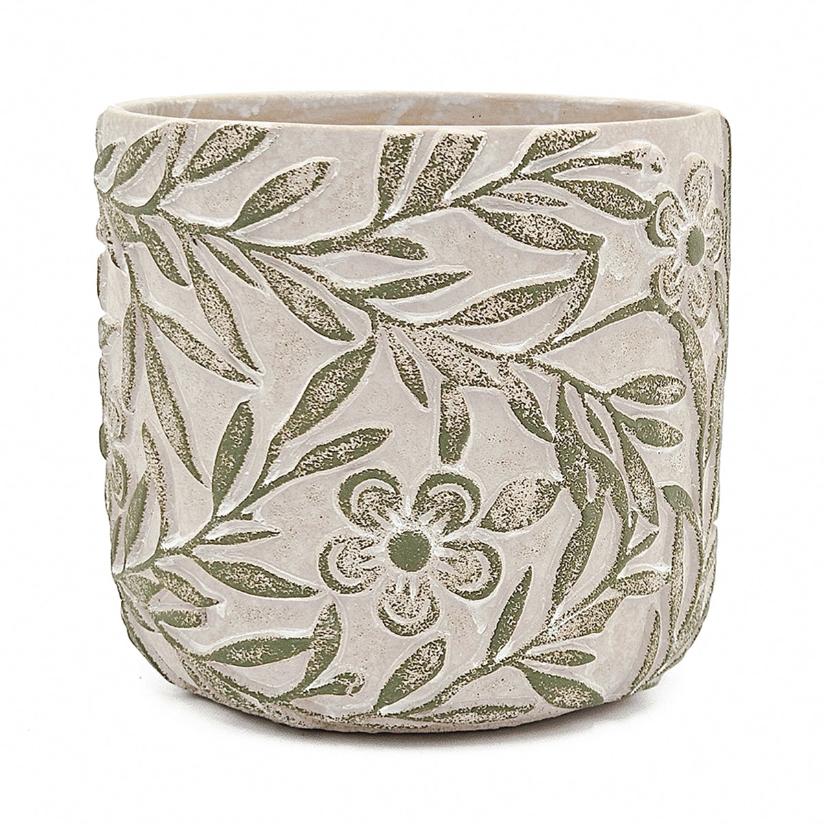 S/2 Gray Sand and Cement Planters with Etched Green Floral Motif, L:D6.7x6.3" S:D5.5x5" - image 5
