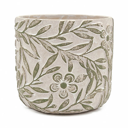 S/2 Gray Sand and Cement Planters with Etched Green Floral Motif, L:D6.7x6.3" S:D5.5x5" - image 5