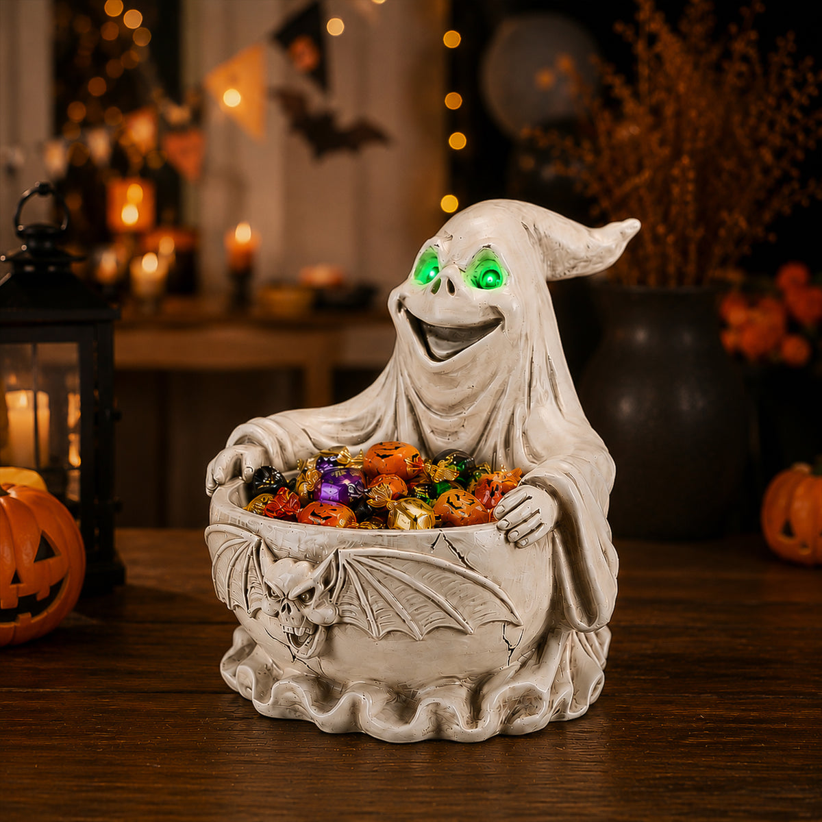 Halloween Ghost Storage Bowl Figurine, Spooky Candy Dish with LED Light for Halloween Party - image 2