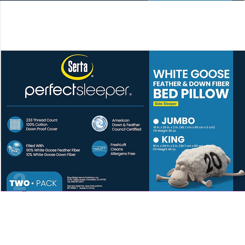 Serta White Goose Feather and Down Fiber Gusseted Pillow 2-Pk#select-pack_2-pk.-jumbo