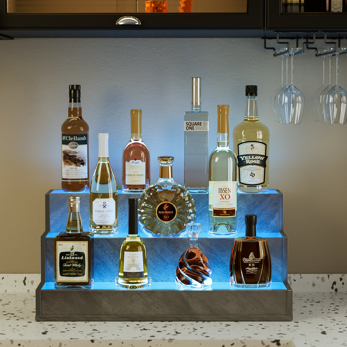 LED Lighted Liquor Bottle Display Shelf, 24 Inch Bar Display Shelf, DIY Illuminated Bottle Shelf with App & Remote Control, 3 Step Freestanding Holding Bottles for Home Bar, Party, Grey - image 4