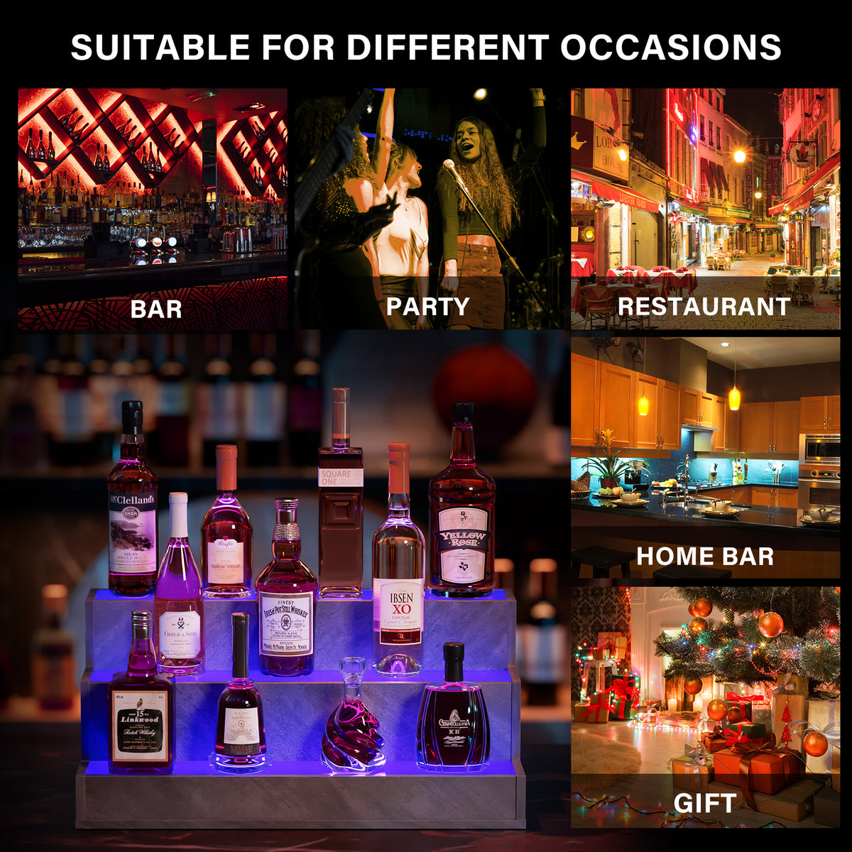 LED Lighted Liquor Bottle Display Shelf, 24 Inch Bar Display Shelf, DIY Illuminated Bottle Shelf with App & Remote Control, 3 Step Freestanding Holding Bottles for Home Bar, Party, Grey - image 3