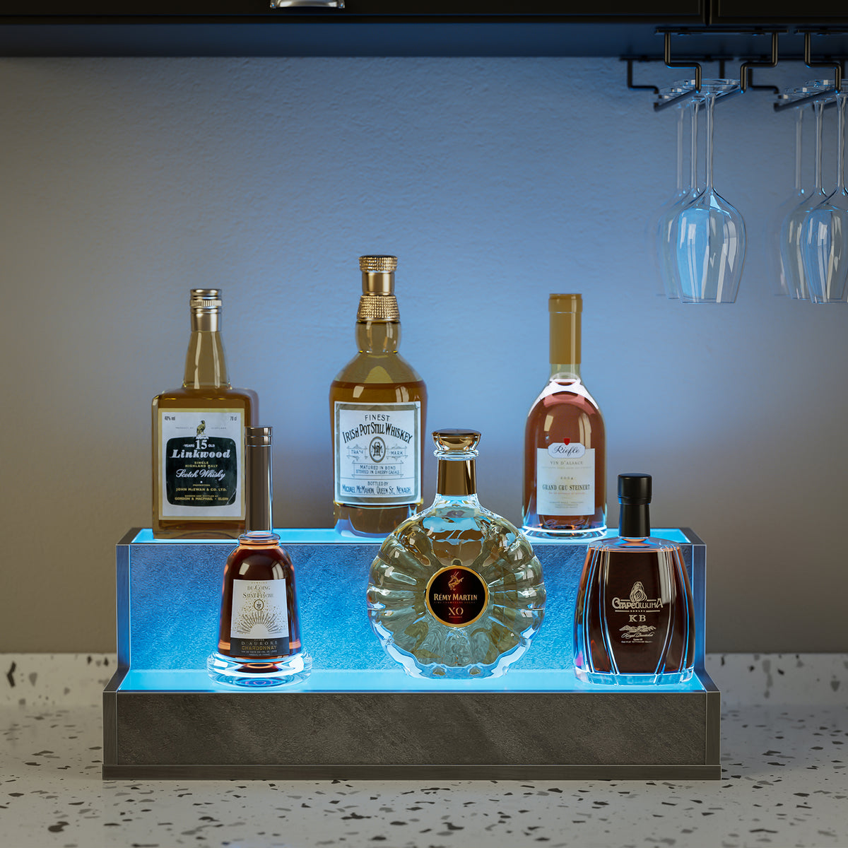 LED Lighted Liquor Bottle Display Shelf, 20 Inch Bar Display Shelf, DIY Illuminated Bottle Shelf with App & Remote Control, 2 Step Freestanding Holding Bottles for Home Bar, Party, Grey - image 3