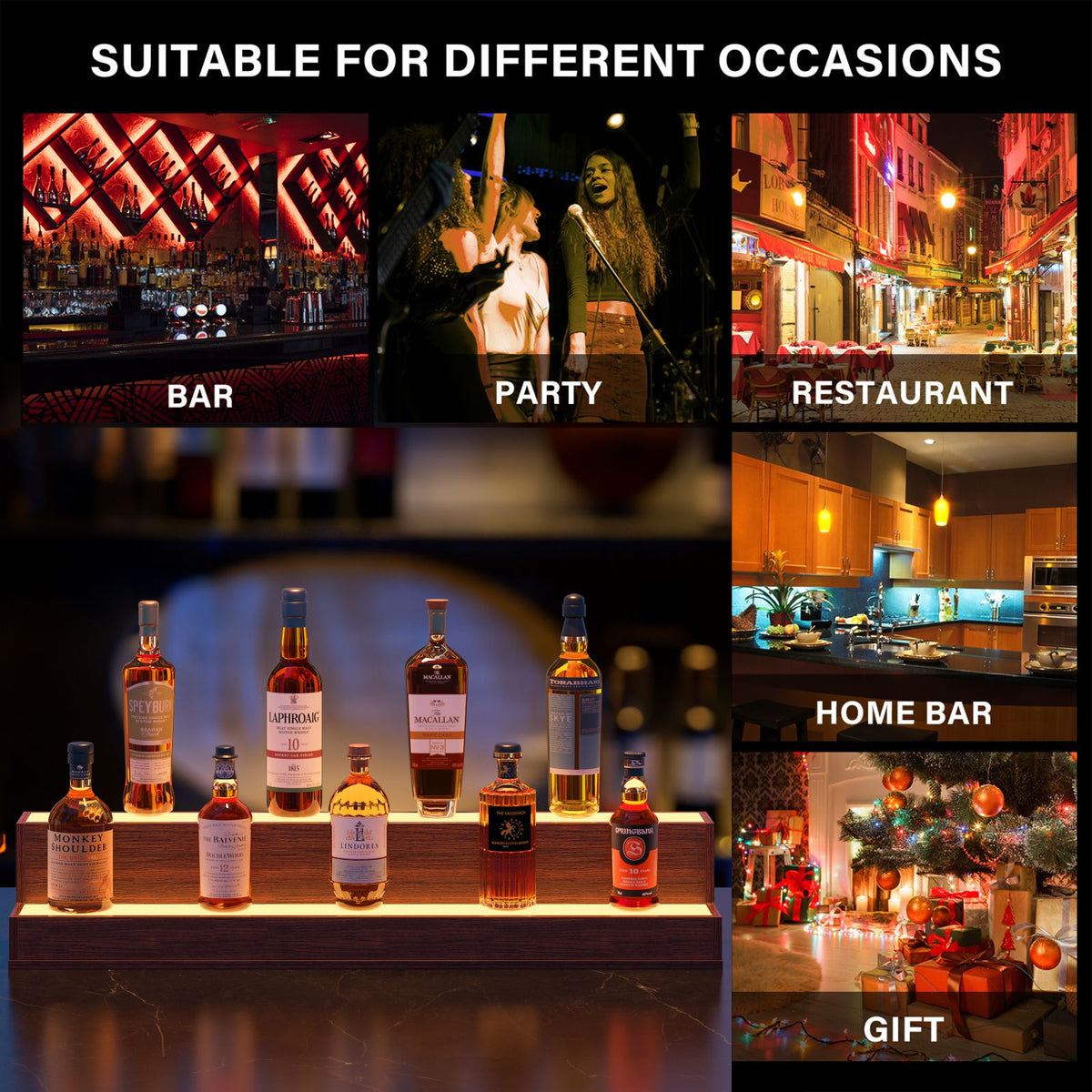 LED Lighted Liquor Bottle Display Shelf, 37 Inch Bar Display Shelf, DIY Illuminated Bottle Shelf with App & Remote Control, 2 Step Freestanding Holding Bottles for Home Bar, Party, Walnut - image 4
