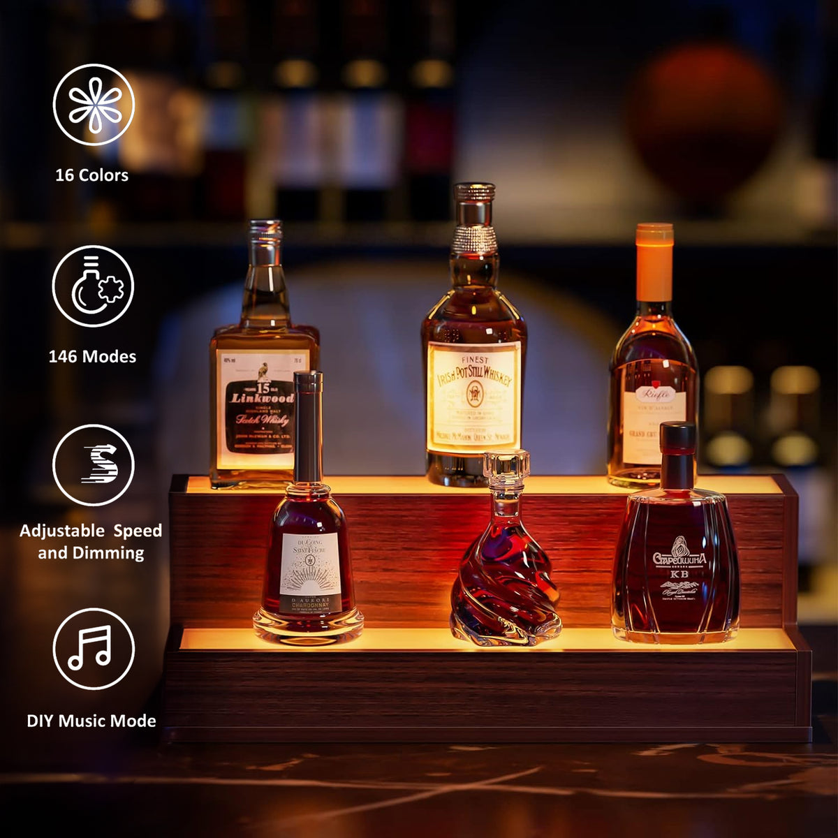 LED Lighted Liquor Bottle Display Shelf, 20 Inch Bar Display Shelf, DIY Illuminated Bottle Shelf with App & Remote Control, 2 Step Freestanding Holding Bottles for Home Bar, Party, Walnut - image 4