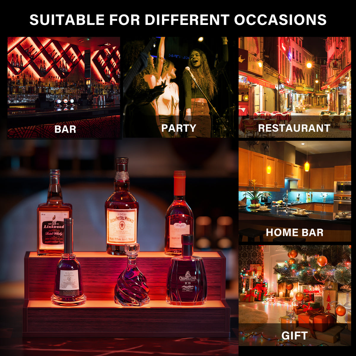 LED Lighted Liquor Bottle Display Shelf, 20 Inch Bar Display Shelf, DIY Illuminated Bottle Shelf with App & Remote Control, 2 Step Freestanding Holding Bottles for Home Bar, Party, Walnut - image 3