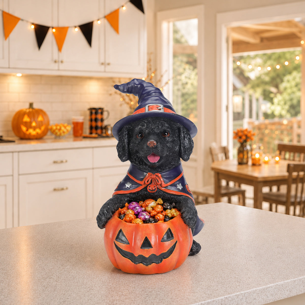 Halloween Black Labrador Retriever Witch Puppy Figurine, Cute Dog Holding Pumpkin Candy Bowl Decoration - image 13