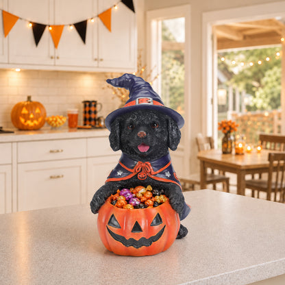 Halloween Black Labrador Retriever Witch Puppy Figurine, Cute Dog Holding Pumpkin Candy Bowl Decoration - image 13