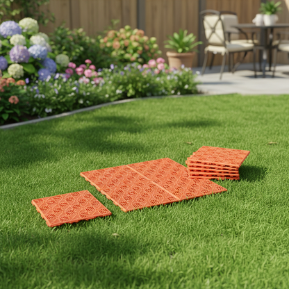 Interlocking Walkway Patio Tiles In Green or Terra Cotta - Set of 10