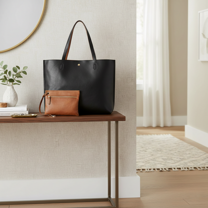 Women's Faux Leather Reversible Tote Bag with Matching Purse