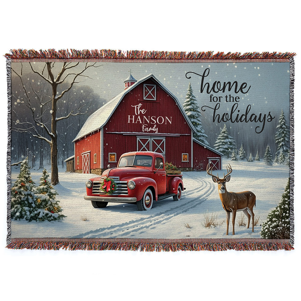 Personalized Home for the Holidays Red Barn Fringe Throw Blanket