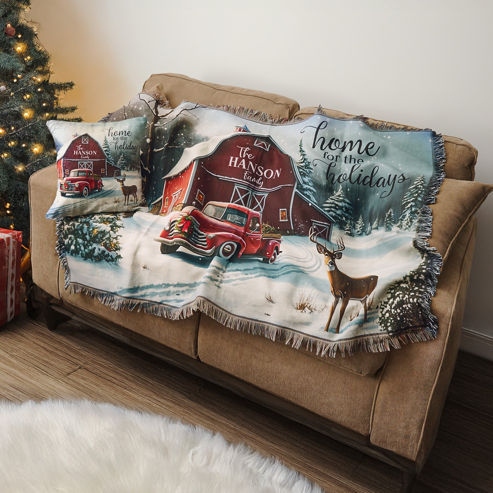 Personalized Home for the Holidays Red Barn 14" Throw Pillow