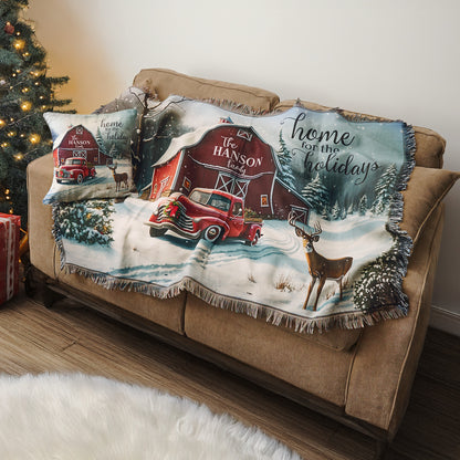 Personalized Home for the Holidays Red Barn 14" Throw Pillow