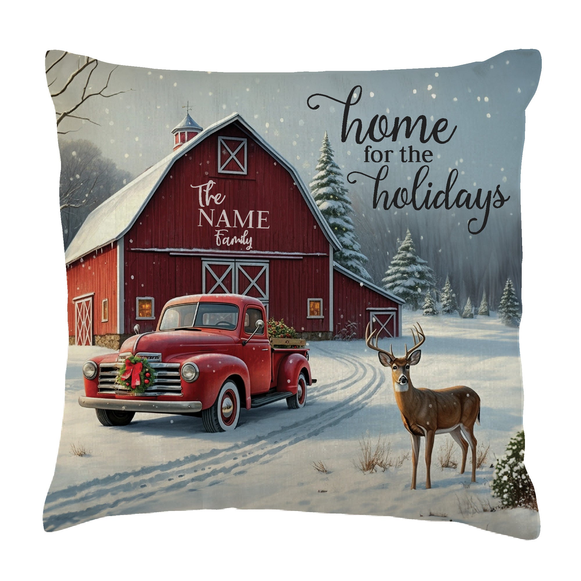 Personalized Home for the Holidays Red Barn 14" Throw Pillow