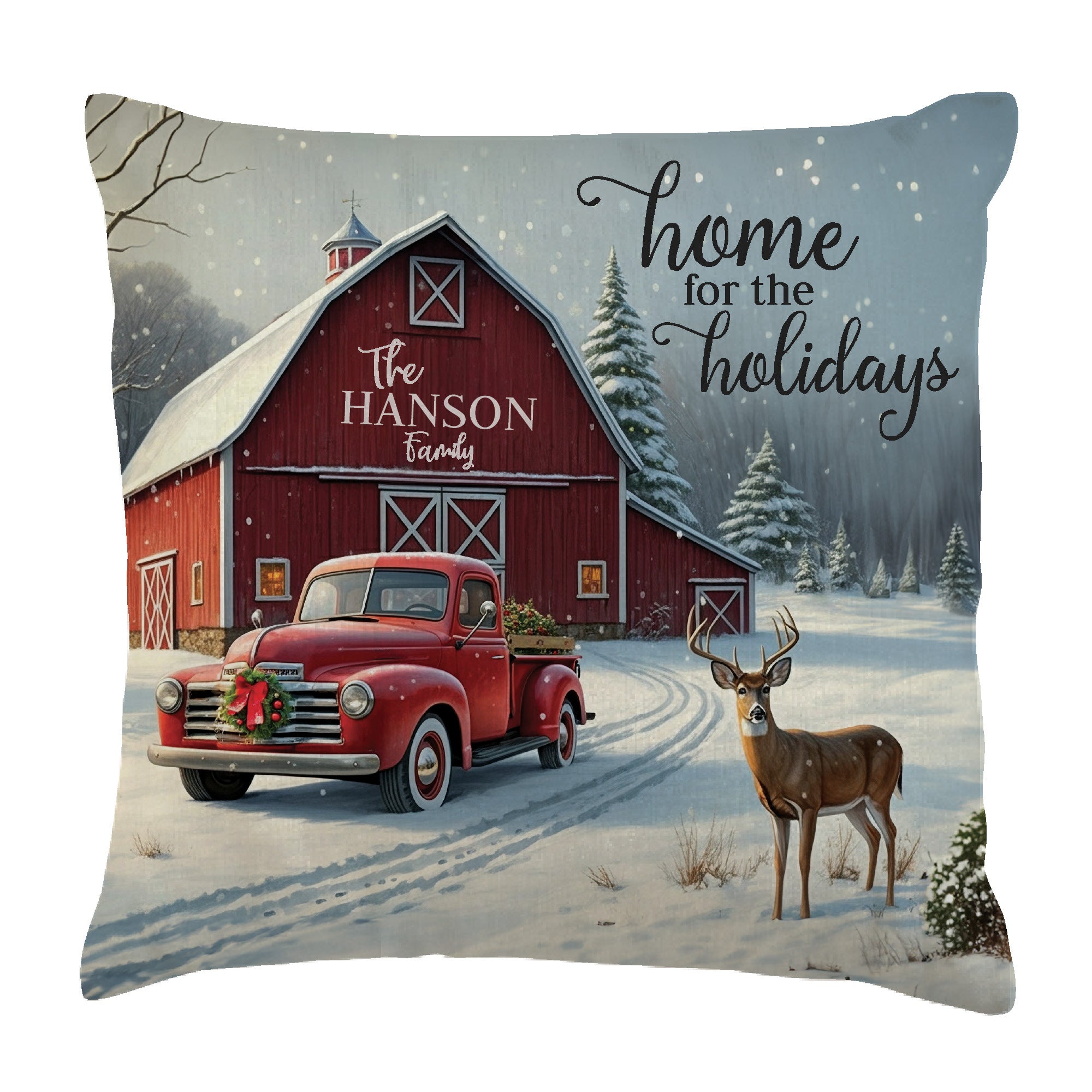 Personalized Home for the Holidays Red Barn 14" Throw Pillow