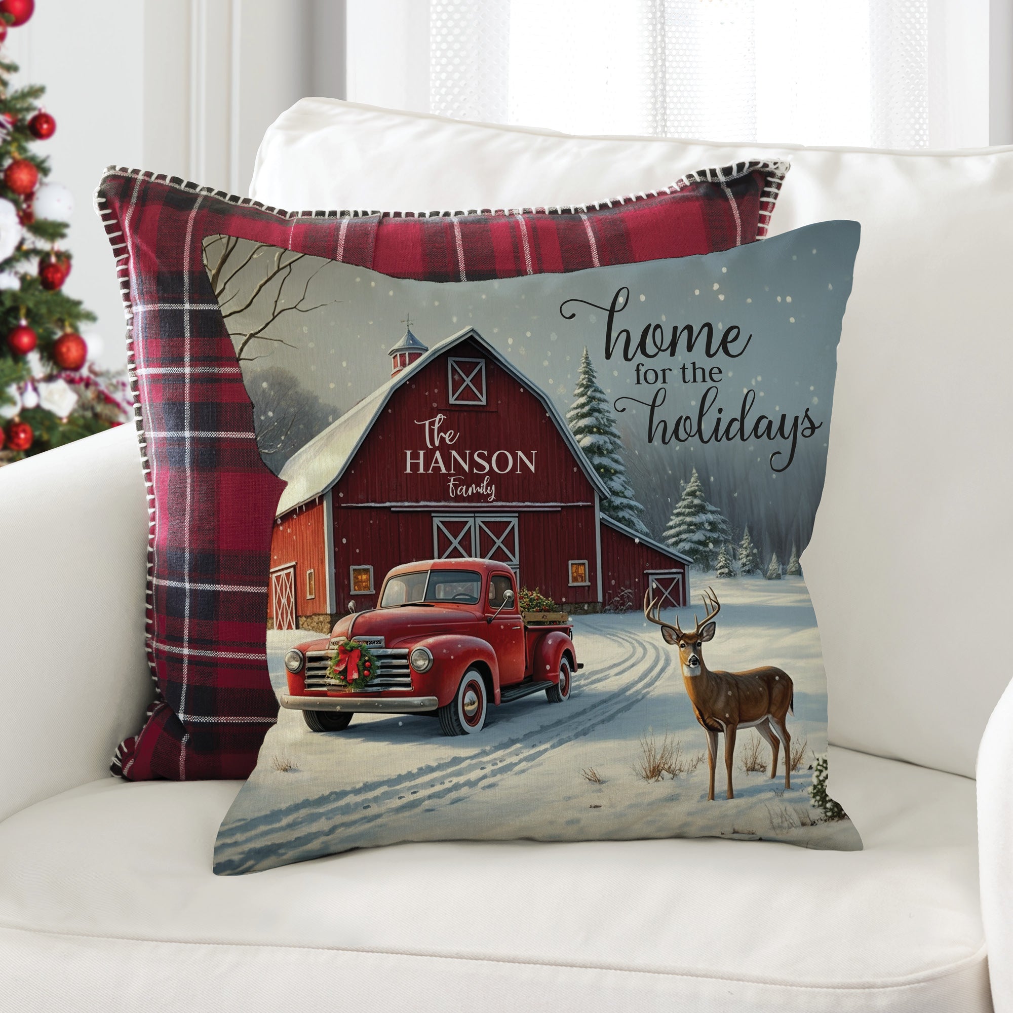 Personalized Home for the Holidays Red Barn 14" Throw Pillow