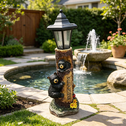 A brown bear statue welcoming guests, a garden statue with solar-powered lights, a 19-inch resin bear family in a tree, and outdoor bear decorations for courtyards, gardens, lawns, and patios. - image 6