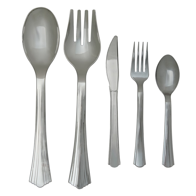 Plastic Disposable Silverware Set of 24 or Serving Utensils Set of 4#select-item_24-pk.-silver-style-set