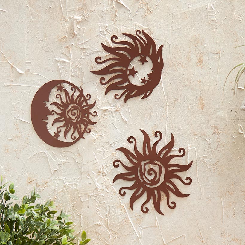 Wall Art Celestial Metal 3 Piece Set Sun And Moon Decor