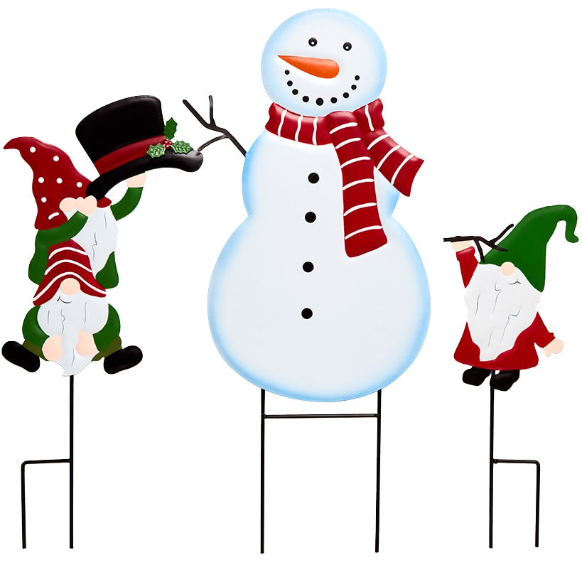 Winter Gnomes Building a Snowman Garden Stakes 3 Pc.