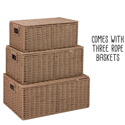 Stackable Paper Rope Storage Baskets with Lids 3-Pc.
